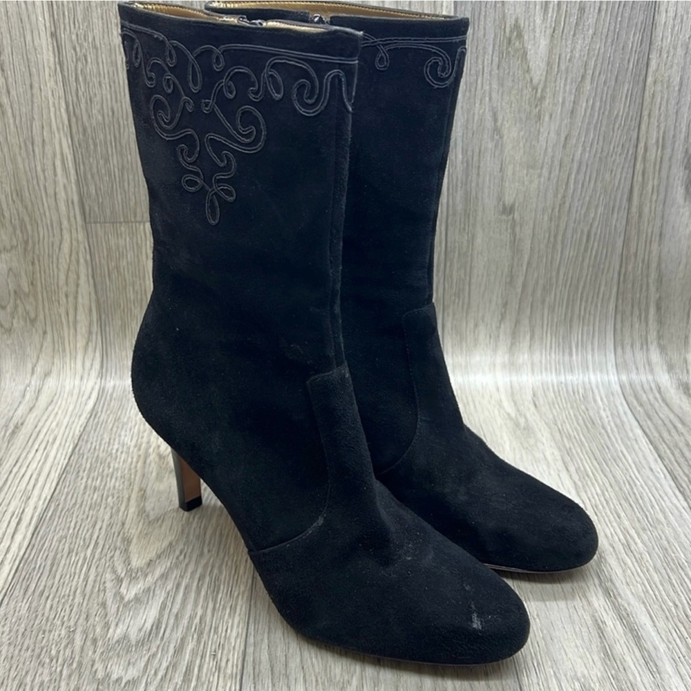 Ann Taylor Black Heeled Boots with Embroidered Detail